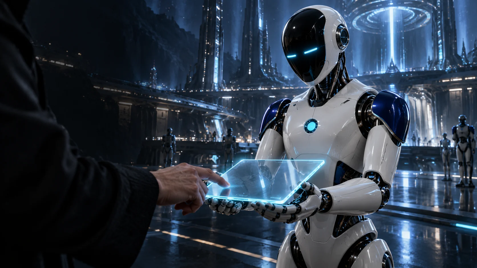 An AI agent presenting a glowing task tablet to a human hand for confirmation