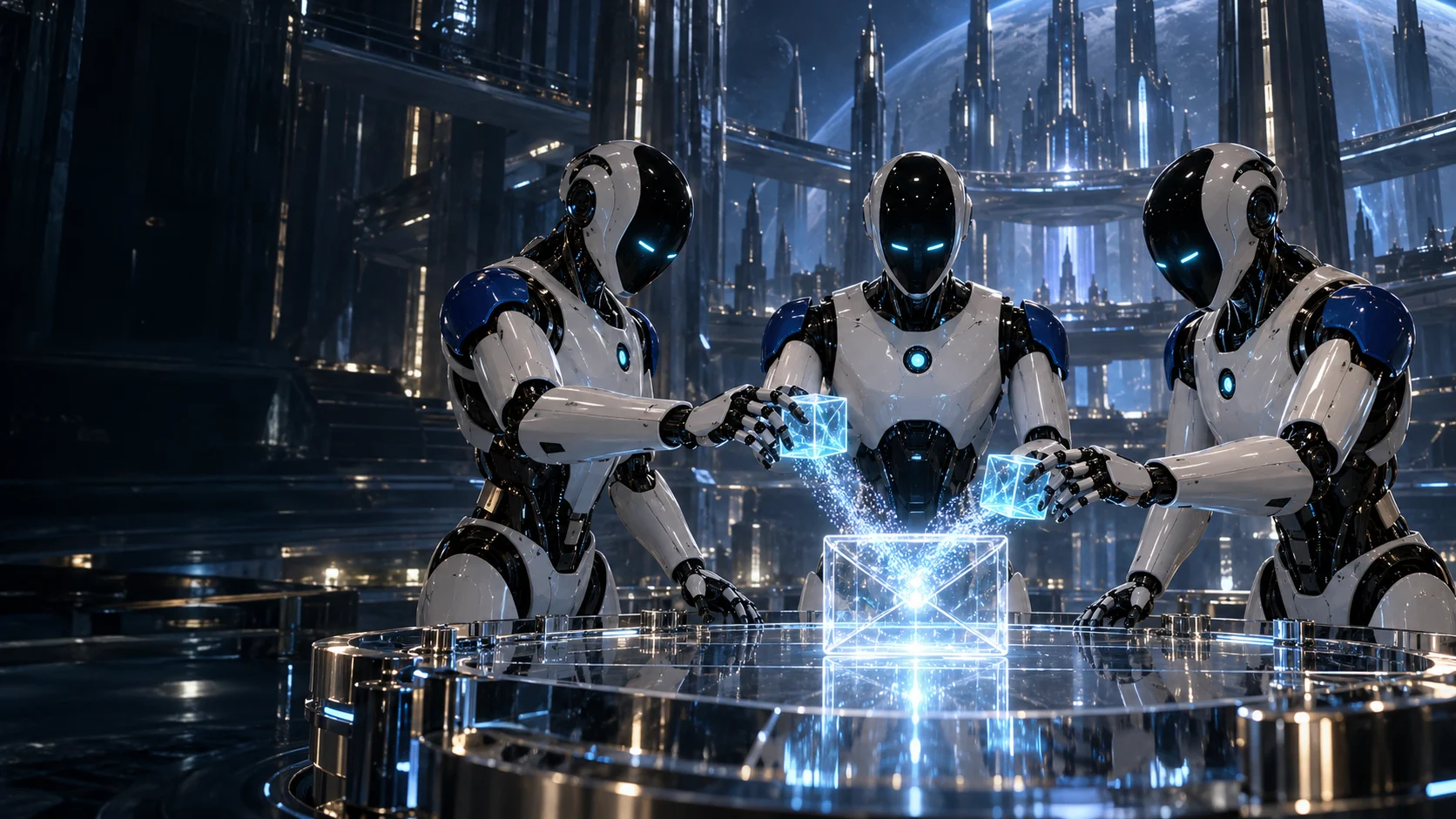 Robot specialists joining luminous information cubes into a response envelope