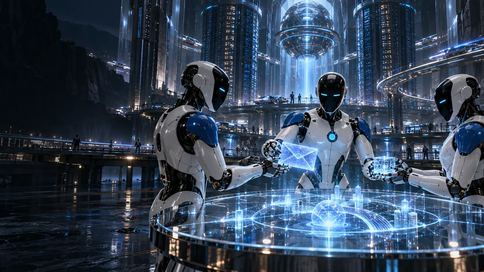 Three AI agents collaborating around a holographic workbench