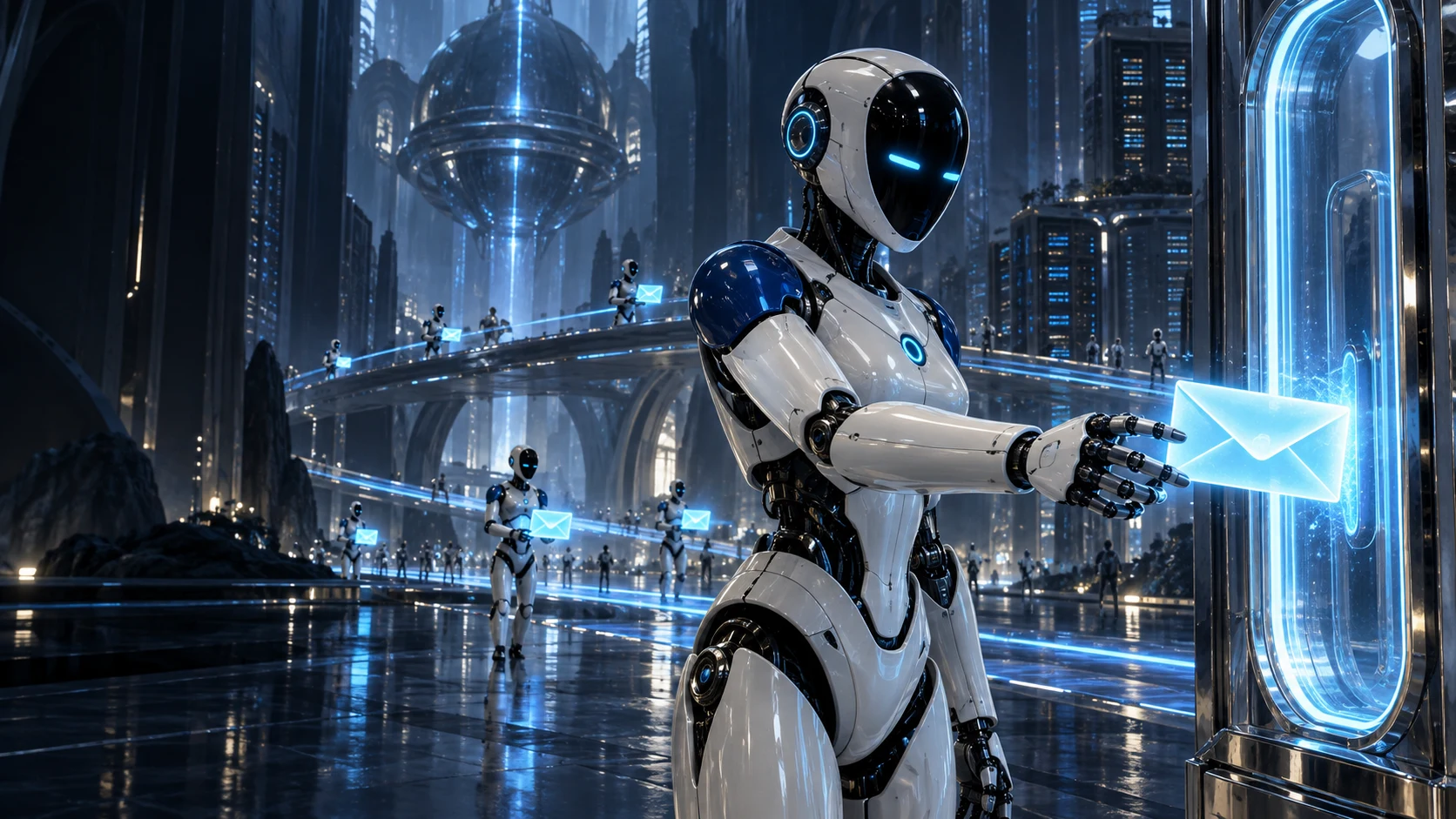 Robot delivering a glowing envelope into a communication portal