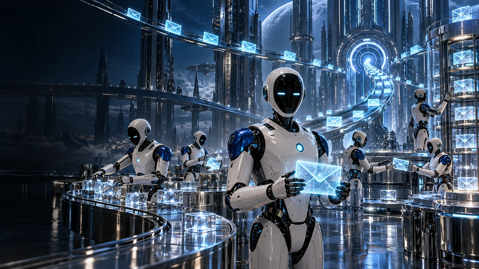 Six robot agents coordinating tasks across an expansive futuristic command facility