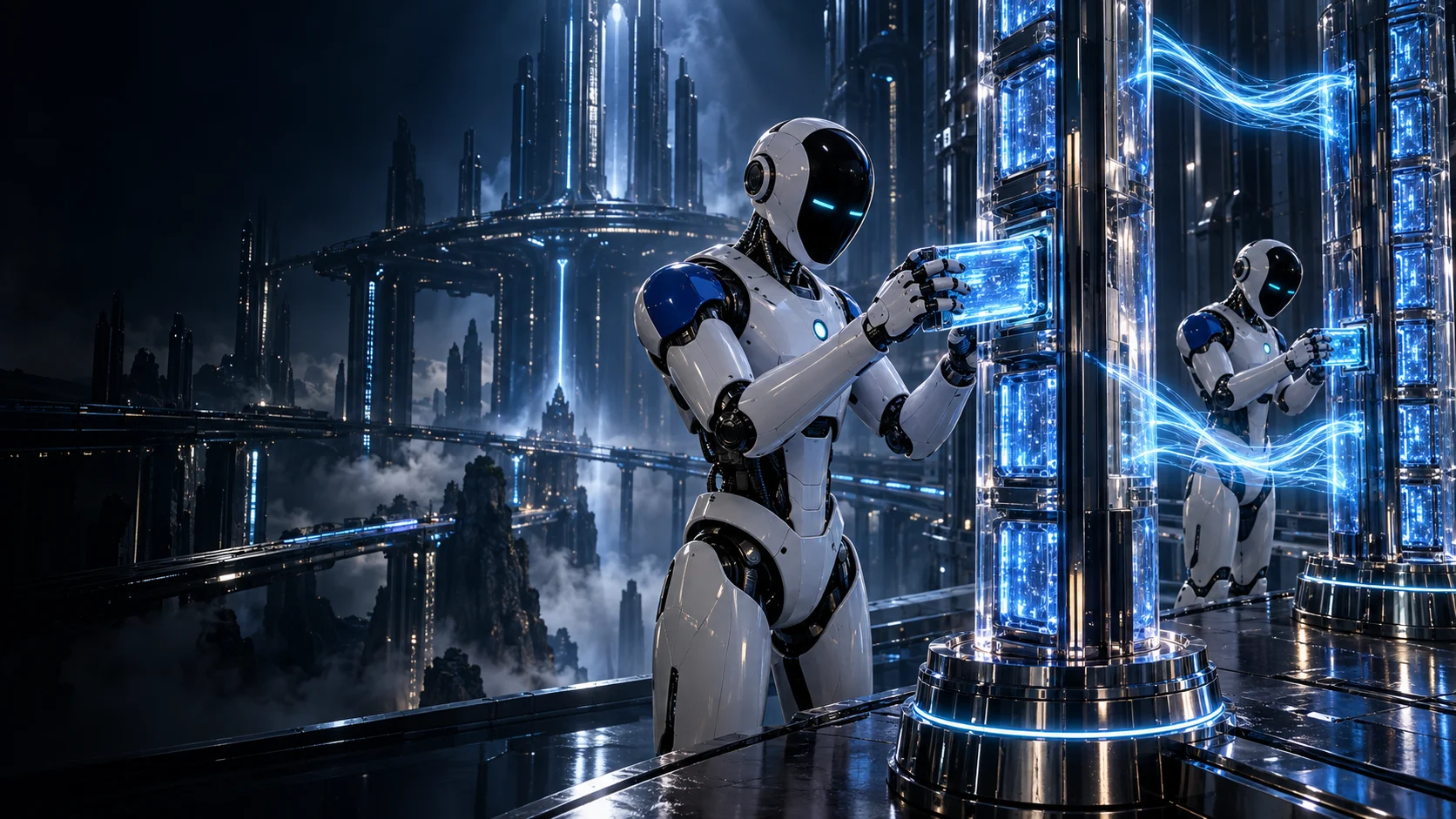 Two AI robots inserting data modules into linked transparent record towers