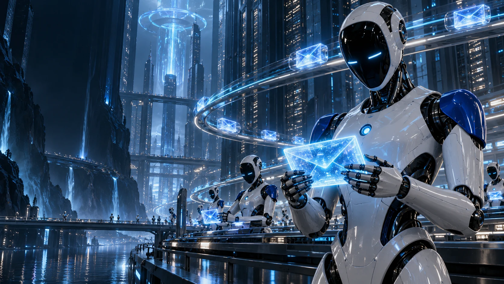 A futuristic AI robot carrying a glowing message through a connected agent command center