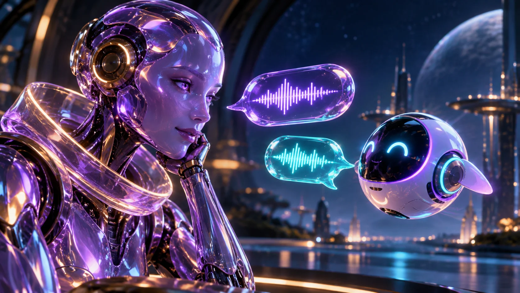 Violet glass conversation agent working with a floating helper