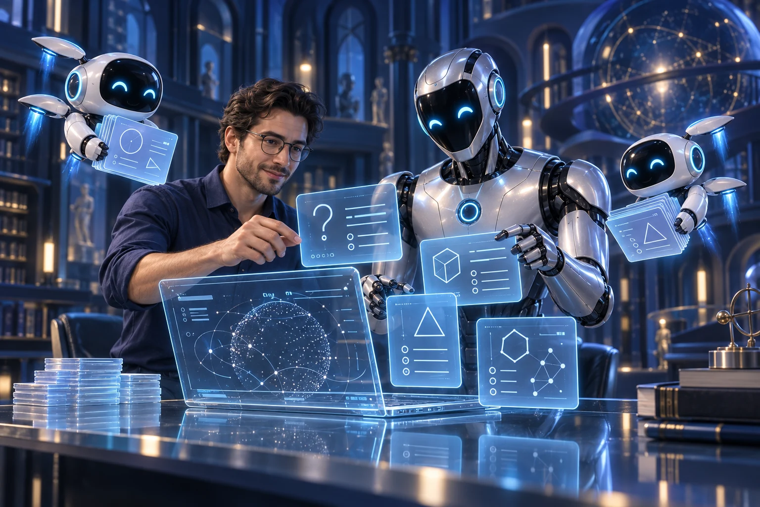 A teacher and robot assistants arranging assessment questions above a laptop
