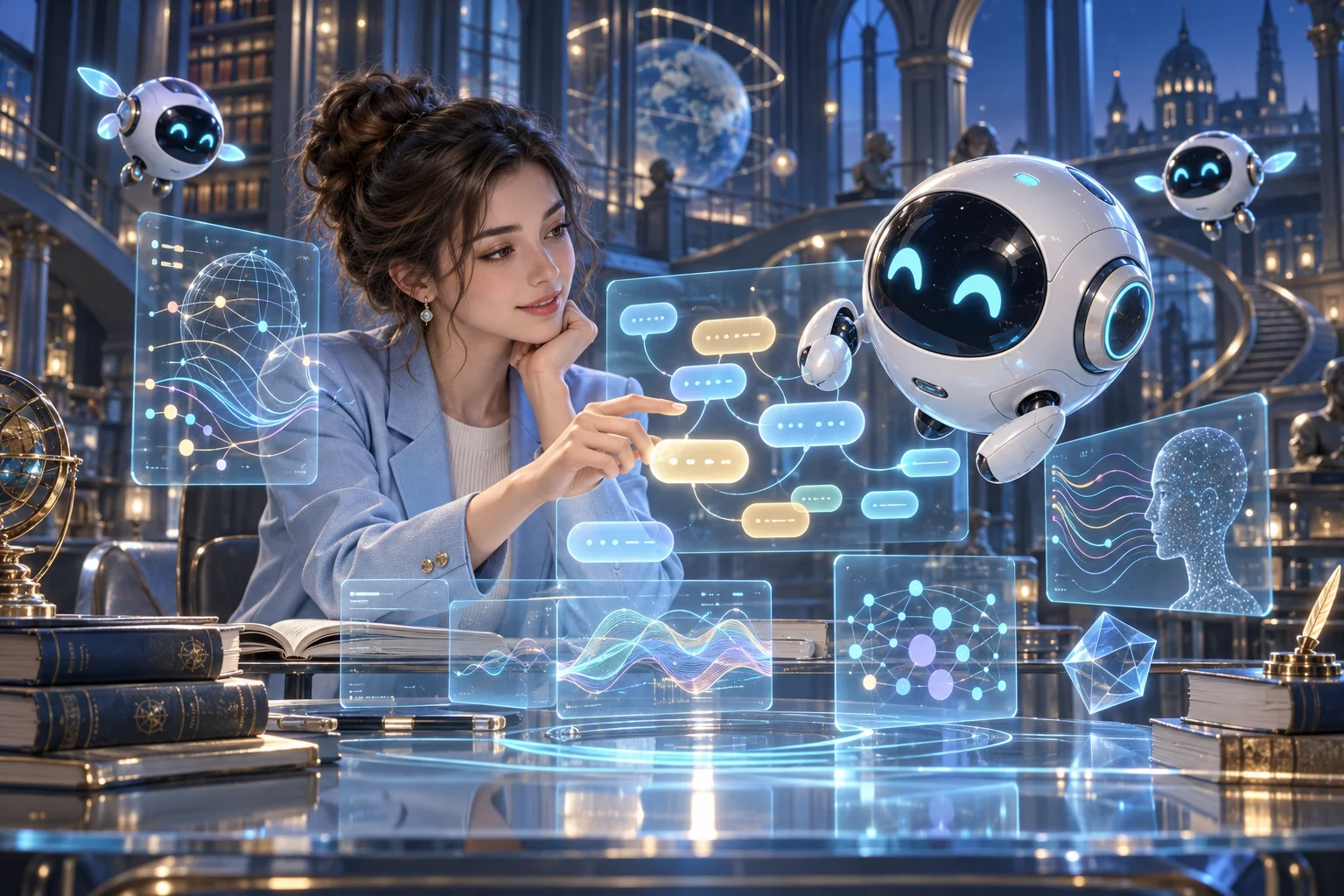 A linguist and robot assistants exploring word tokens in a glass learning laboratory
